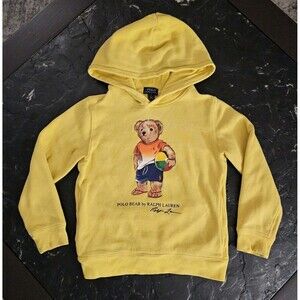 Polo Ralph Lauren Beach Bear Pullover Yellow Hoodie Kids Small 7 Pockets Youth